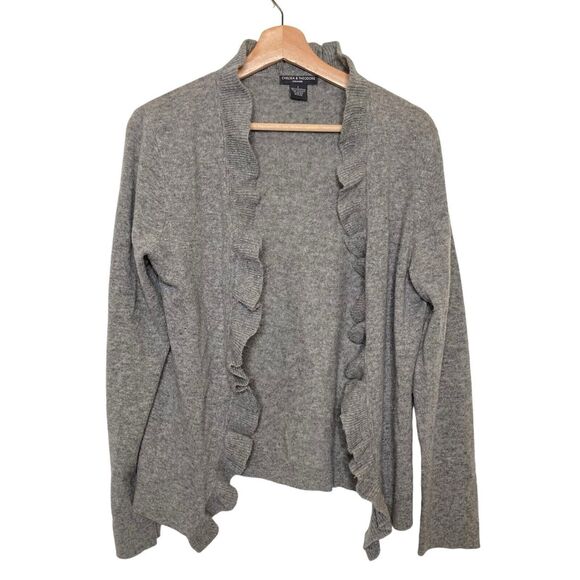 Chelsea & Theodore Cashmere Gray Ruffle Waterfall Open Front Knit Cardigan Large - Picture 1 of 10